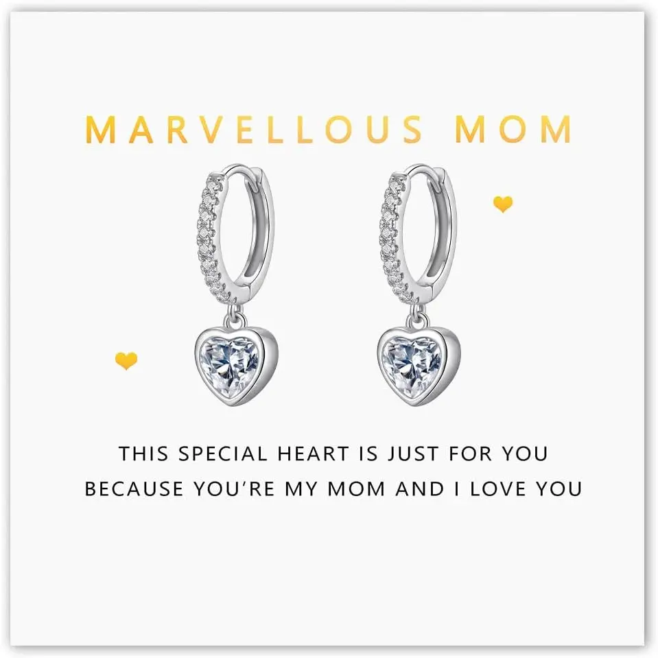 Mothers Day Gifts for Mom 925 Sterling Silver Heart Hoop Earrings for Women, Trendy Dainty Dangle Earrings Gift for Mother’s Day