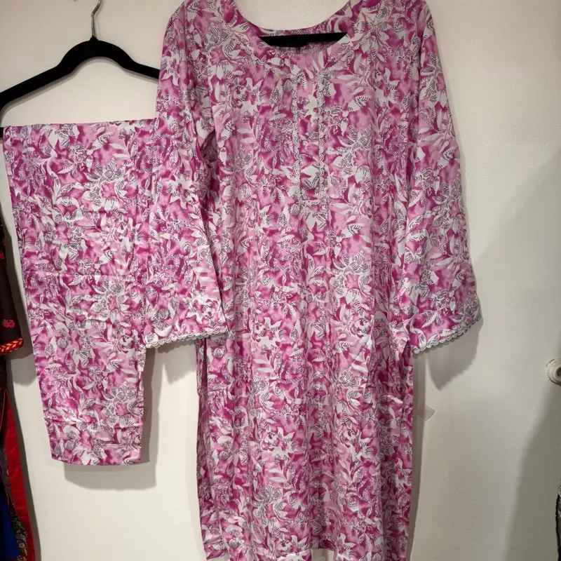 Ladies Pakistan Soft Linen Shirt and Trouser Same Print Coord Set Ready to Wear