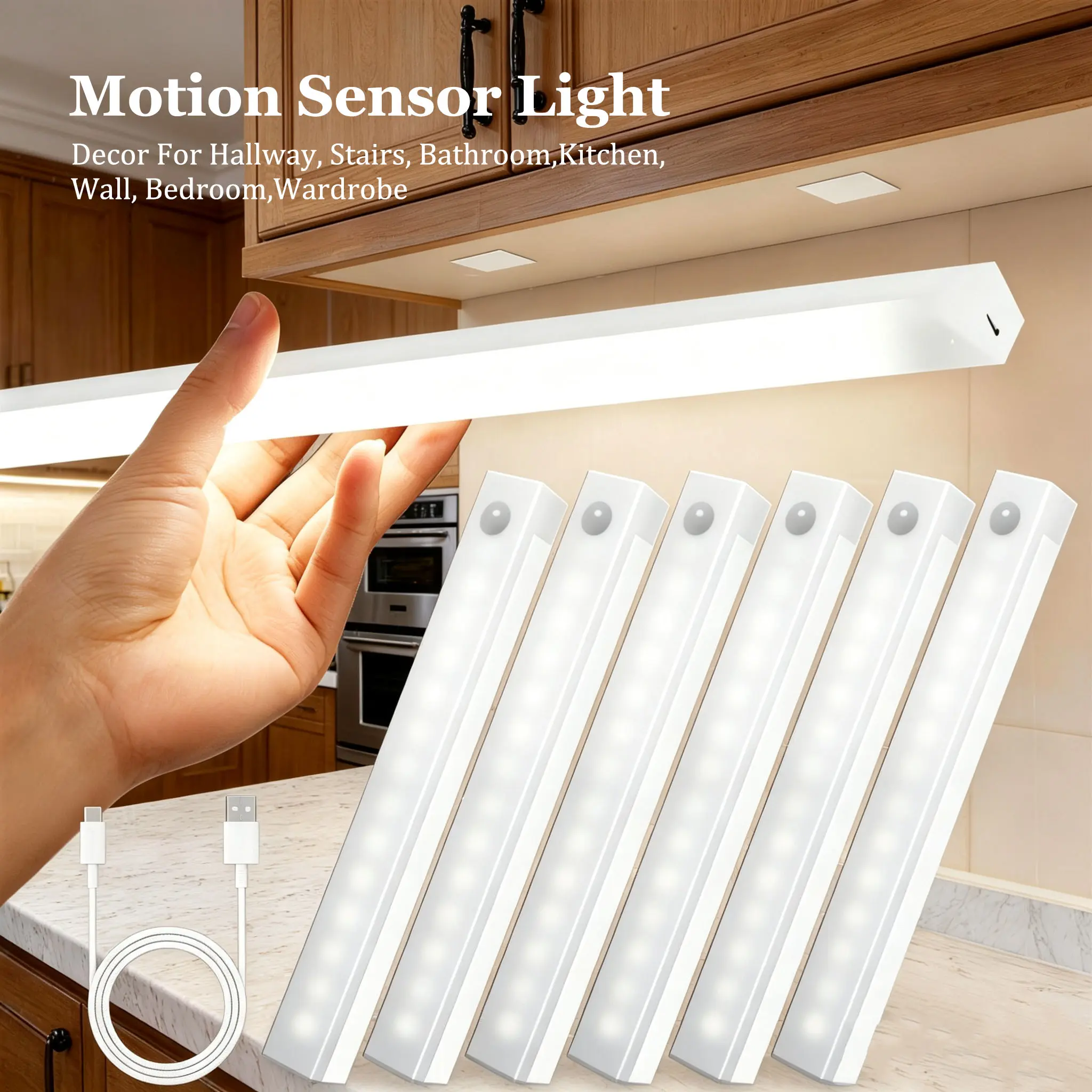 USB Rechargeable LED Under Cabinet Night Light - Magnetic Wireless, Motion Sensor, Warm White, A+ Grade Lithium Polymer Batteries, Shelf Lights for Kitchen, Bedroom, Stairs, Home Decor Gift for Festivals