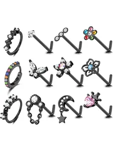 12 Pcs Assorted Black L-Bend Nose Stud Set for Women Men Metal Alloy for Long-lasting Wear Timeless Plain Silhouettes Fashion Hoop Designs Sparkling Zirconia Lifelike Butterfly Charms Elegant Floral Embellishments for Unisex Daily Accessorizing