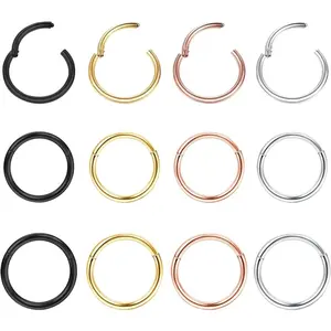 Drperfect 12counts Stainless Steel Nose Rings Hoops Surgical Steel Earrings Tragus Septum Piercing CZ Clicker Septum Ring Hinged Segment Septum Conch Lip Cartilage Hoops 7mm 8mm 9mm For Women Men Daily