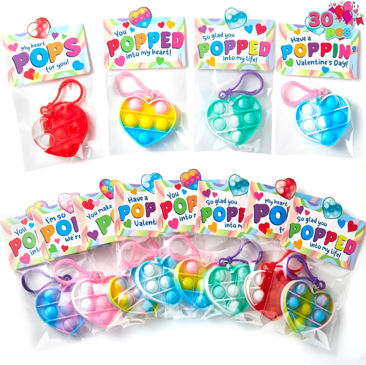 30 Packs Valentine’s Day Gift Cards with Heart Pop Bubble Keychain, Mini Pop Squeeze Toys, Stress Relief Fidget Toys for Kids Valentine's Party Favors, Classroom Exchange and Game Prizes