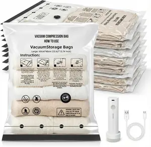 Vacuum Seal Bags for Clothing: 80% Compression with Rechargeable Pump - 15 Pack Vacuum Seal Bags for Travel - 7-Day Business Family Trips
