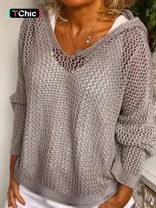 Women's Solid Hollow Out Sheer Loose Fit Hooded Sweater Pullover, Casual Drop Shoulder Long Sleeve Jumper for Summer, Fashion Ladies' Knitwear for Daily Wear