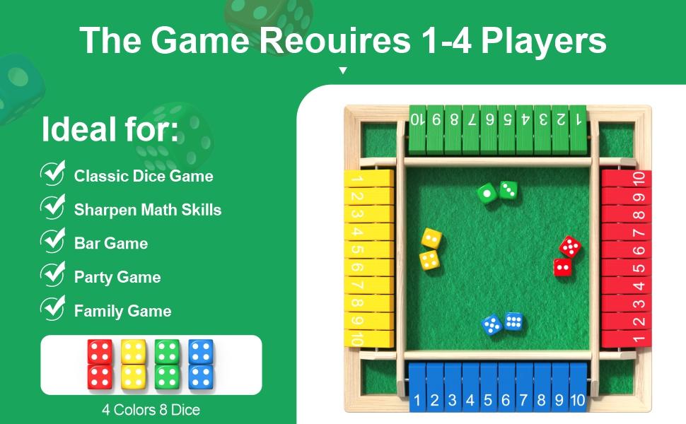 Shut The Box Dice Game,2-4 Player Family Wooden Board Table Math Games for Adults and Kids, 8 Dices Classics Games for Classroom,Home,Party or Pub