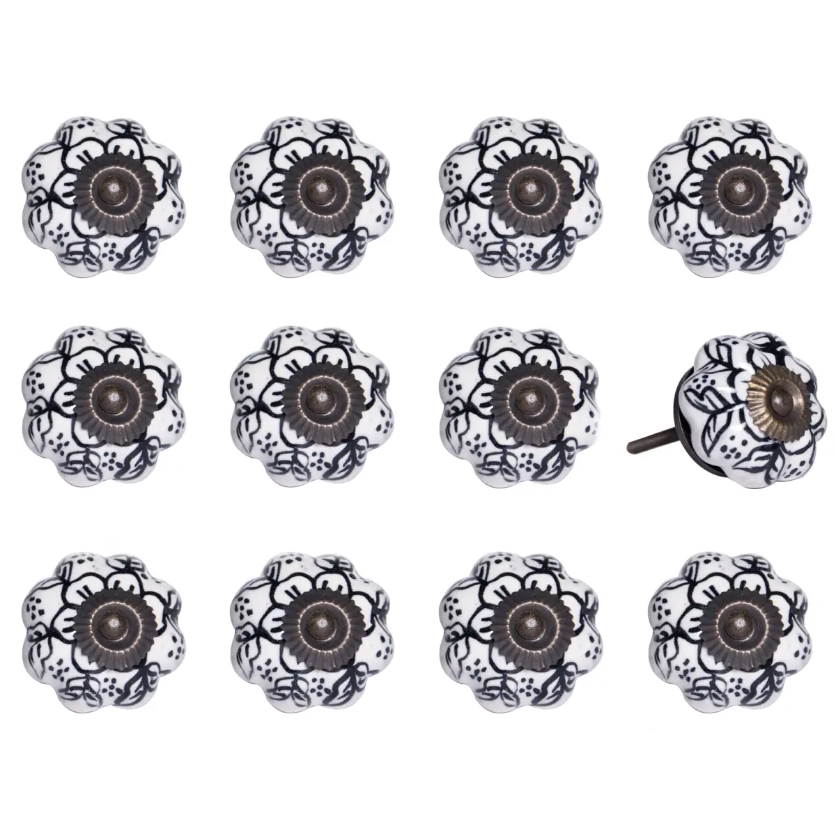 212 MAIN Vintage Hand-Painted Ceramic Floral Door Knob Set - 12-Pack, White & Black, Antique Look, Door Hardware Accessory