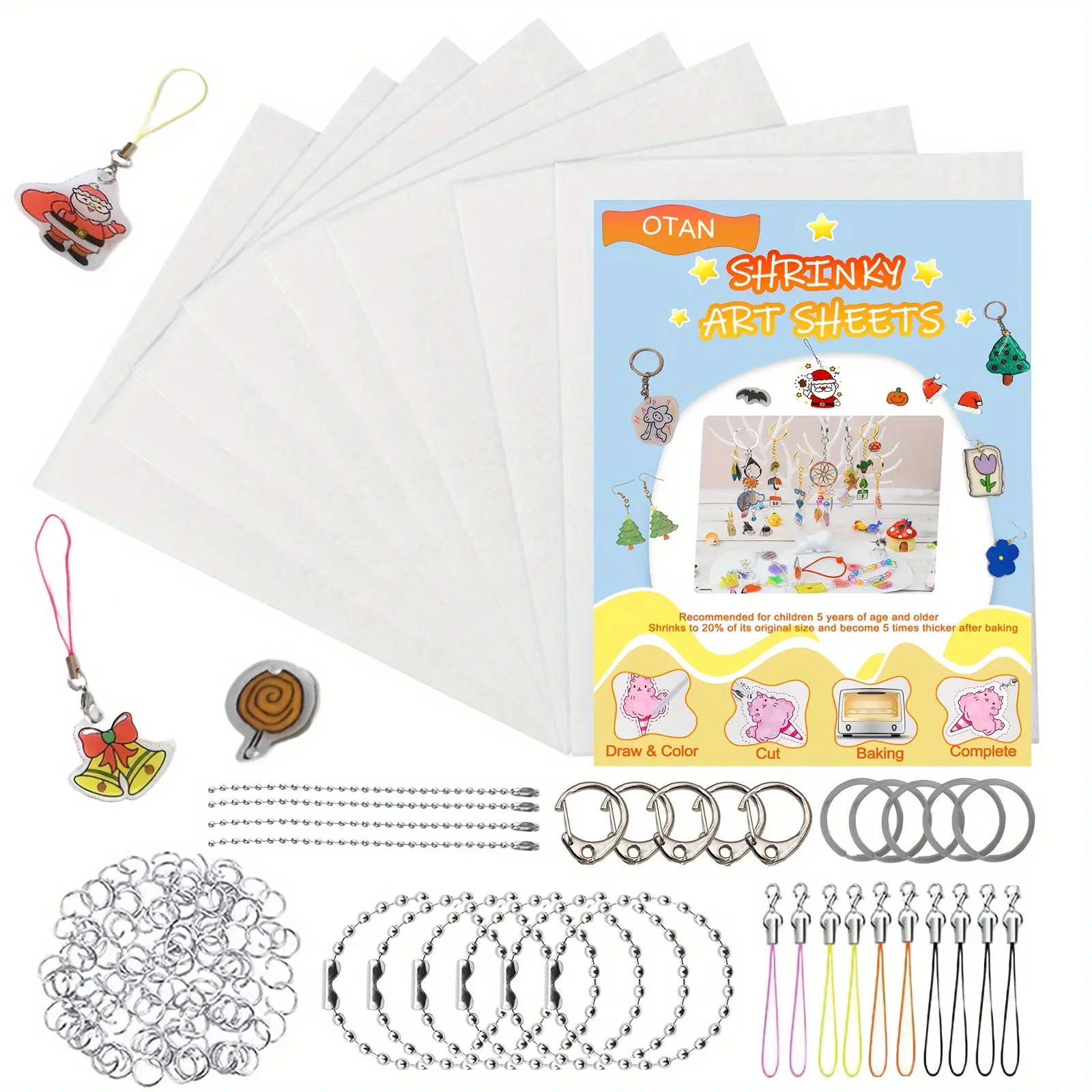 Shrink Plastic Sheet DIY Kit, Includes Heat Shrink Paper & Keychain Craft Supplies, Cool Keychains, Perfect for Kids Christmas Halloween Thanksgiving Gifts, Keychain for Bags, Keychain Bag Pendant, Keychain for Purse