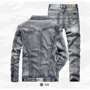 Men 2 piece sets new simple autumn smoky gray long sleeve jacket + jeans fashion slim couple suit