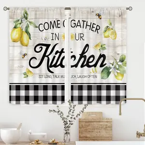 Lemon Kitchen Curtains 52*63 Inch Rod Pocket Rustic Lemon Kitchen Decor Farmhouse Kitchen Curtain Wood Plank Buffalo Plaid Country Yellow Fruit Small Window Drapes Treatment Fabric 2 Panel,Summervibes Interior Decoration Accessories