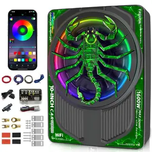 1600W Car Subwoofer, Slim Under Seat Powered Car Subwoofer and Amp Package with RGB Beat-Synced Light, Car/Truck Audio Sub Built-in Amplifier amp Combo Package, Clean Deep Bass