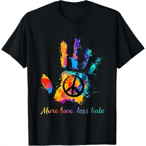 100% Cotton  Unisex Hand Print Hippie Peace Sign More Love Less Hate T-Shirt