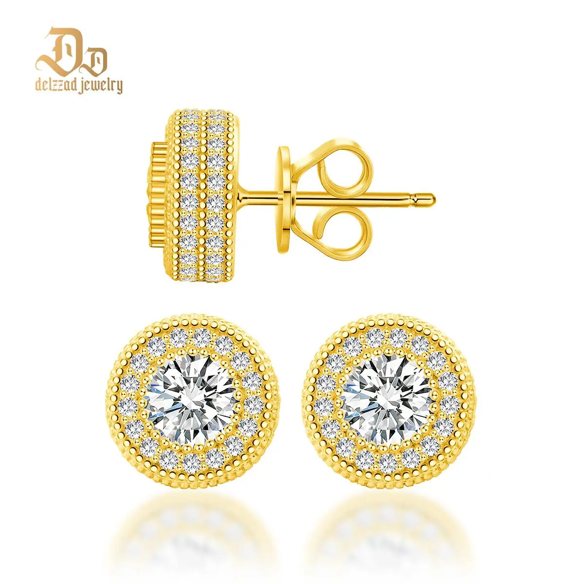 Delzzad S925 Hip Hop Iced Out Halo Stud Earrings Round Synthetic Moissanite Earrings for Men Women Birthday Anniversary Mother's Day Christmas Gifts