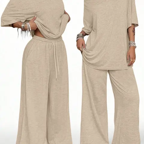 【Black Friday】Spring Women's Casual Solid Color Sports Two-Piece Set, Short Sleeve Top & Loose Long Drawstring Wide Leg Pants, Comfortable and Stylish Casual Sportswear Set