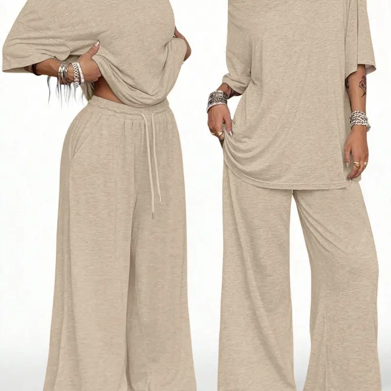 【Black Friday】Spring Women's Casual Solid Color Sports Two-Piece Set, Short Sleeve Top & Loose Long Drawstring Wide Leg Pants, Comfortable and Stylish Casual Sportswear Set