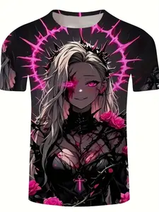 graphic T-shirt featuring Japanese anime characters, purple, casual round neck polyester top, slightly stretch knit fabric, regular fit, summer adult portrait print top, Streetwear