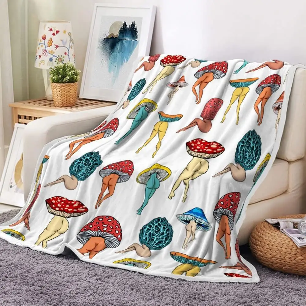 Mushroom Pattern Blanket, Colorful Soft Throw Blanket, Cool Bedroom Accessories Bedding Blanket, Air-conditioned Warm Nap Blanket for Home & Office, R