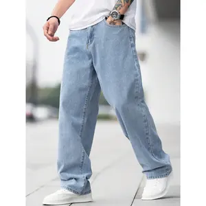 Hypemode Loose Fit Men's Cotton Jeans With Slant Pockets Baggy Long Washed Skater Jean Cargo Plain Light Blue Going Out Y2K Friends men's  jeans baggy  jeans  men skinny  jeans Pants Streetwear Denim Menswear Viscose Trouser