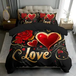 3-piece Valentine's Day Love digital printed Soft Bedding Sets Decorative Bedding Set made of polyester material (including 1 duvet cover and 2 pillowcases) without filling is the preferred bedding for bedrooms, dormitories, and famous guests