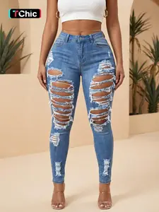Women's Plain Ripped High Waist Skinny Fit Stretchy Light Wash Jeans, Fashion Chic Casual Denim Pants for Daily Outdoor Wear, Ladies Bottoms for All Seasons, Fitted