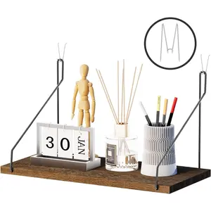 Cubicle shelf with hooks (11.8"), office cubicle accessories for work, floating wall shelf for decor, hanging organizer for cubicle wall storage and office decorations, brown