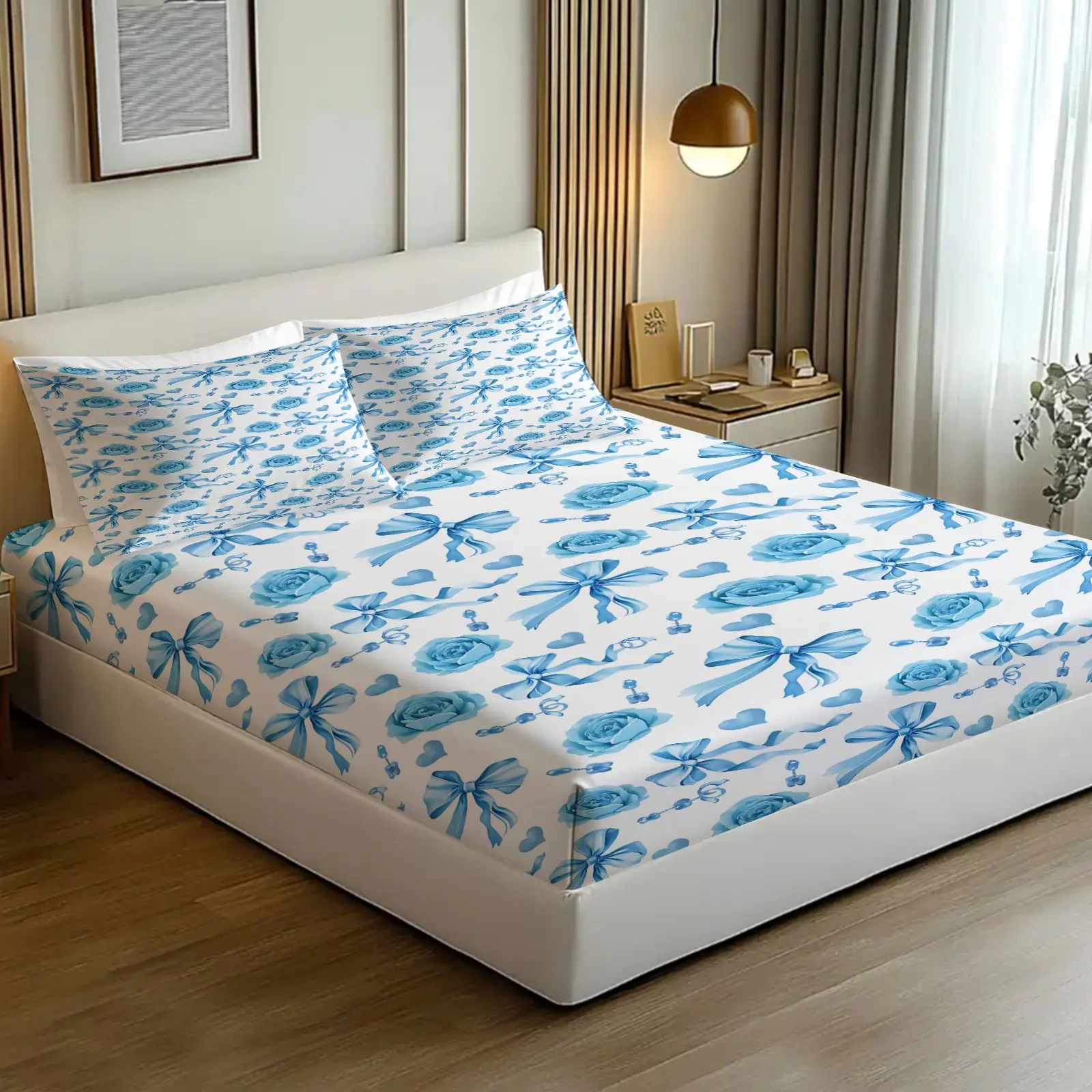 3PCS Blue Rose Bow Fitted Sheet Set, Soft Printed Bed Sheet Set, Aesthetic Bedding Set No Fillers,Deep Pockets Fitted Sheet,Flat Sheet & Pillowcases, Lightweight Breathable Bedding, Decorative Bedsheet Sets, Blue Roses Bow for Girls Bedroom Dorm Decor