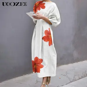 UOOZEE Women's Half-Sleeve Loose Floral Print Round Neck Mid-Length Cotton-Linen Dress, Summer Comfortable Breathable Casual Dress, Recommended 1 Size Up for C-Cup & Above (Ideal for Dates, Vacations)