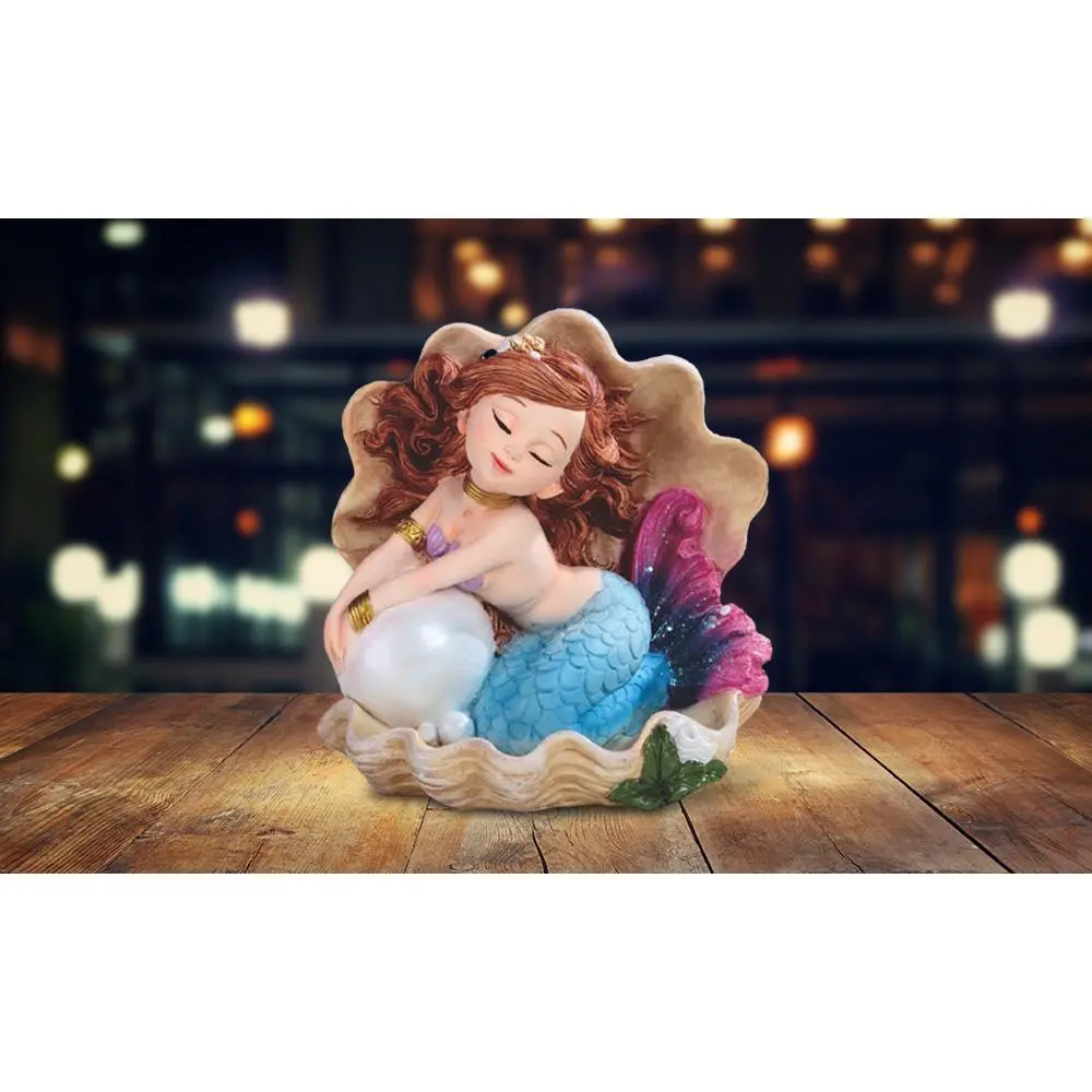 5.25"H Lovely Blue/Purple Tailed Mermaid with Pearl in Shell Mergirl Statue Fantasy Decoration Figurine