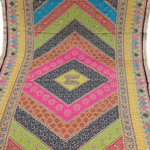 Beautiful Multi Chinon Silk  pakistani Dupatta with Mirror Work and Embroidery Colorful Geometric Design Fabric Piece 2.20 meter