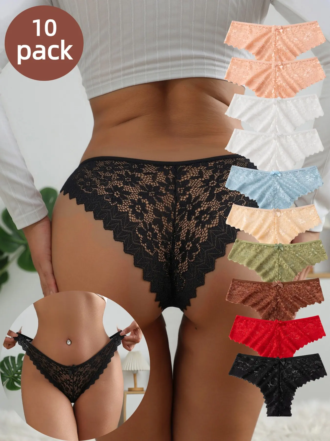 Fashion Floral Lace Women's Thong, Sheer Sexy Elegant Solid Underwear, Lightweight Breathable Comfortable Daily Wear, 10 Pcs Set Lace Panties