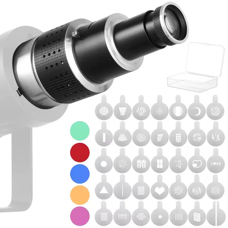 Bowens Mount Conical Optical Snoot Studio Lighting Accessory Kit - 5 Color Filters, 34 Gobos for Godox Neewer LED Video Photography Lights, Photography Fill Light Accessory, Aluminium Led Ring Kit Led Ringlight