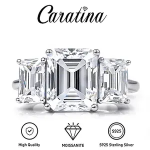 Caratina 6.0CT Three Emerald Stone Synthetic Moissanite Ring in 925 Sterling Silver Perfect Birthday Mother’s Day Unisex Christmas Gift for Men Women Wedding Set Geometric Design Ring
