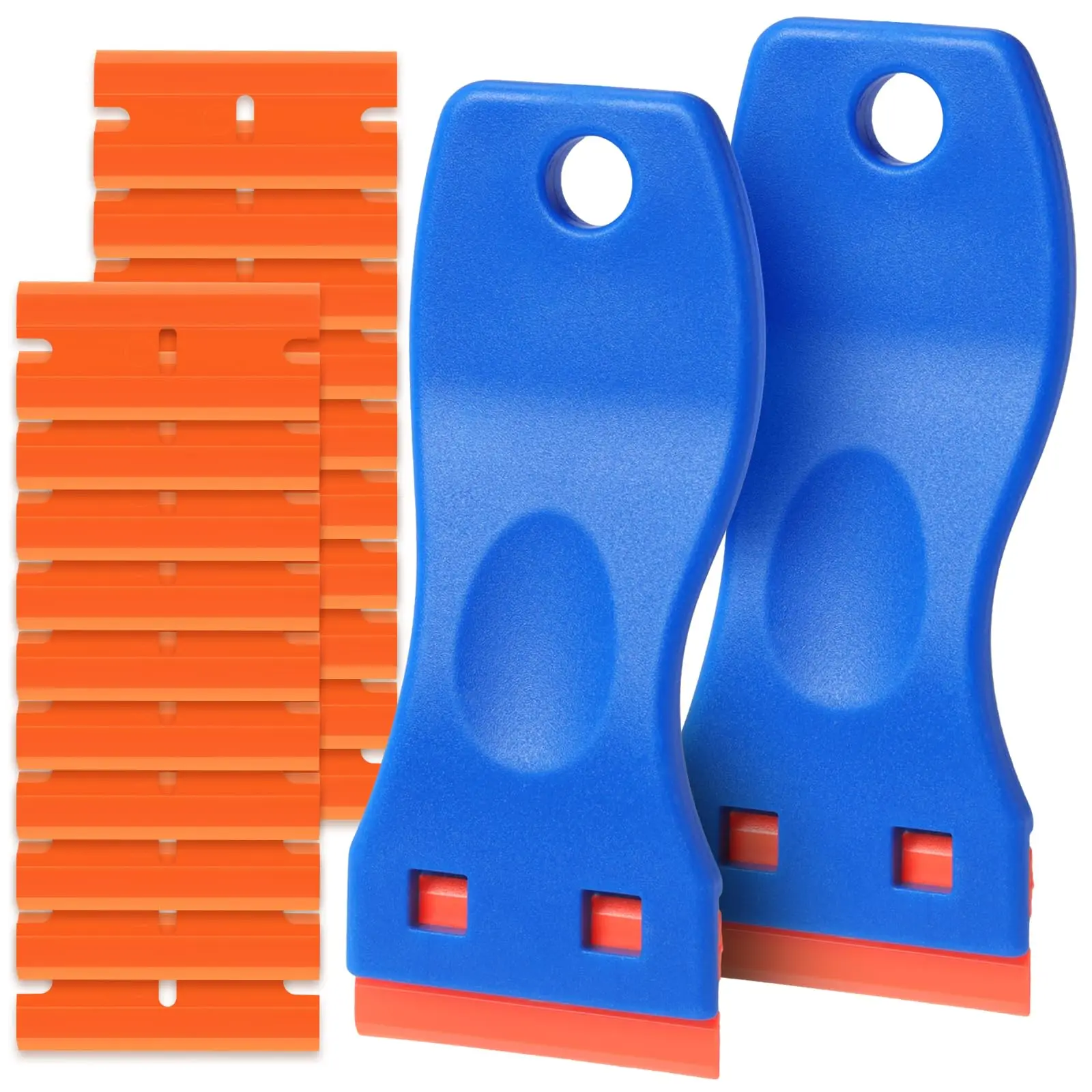 Plastic Razor Blade Scraper, 2PCS Scraper Tool, 100PCS Plastic Blades, for Cleaning Scraper Remover for Stickers, Decals, Adhesive, Labels, Paint from Glass, Car, Window, Caulk, No Scratches, Blue