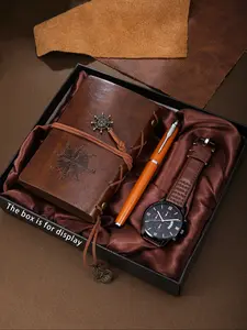 Classic Leather Watch Set Vintage Nautical Notebook Metal Pen Retro Adventure Style, Quartz Movement, Precision Timekeeping, Perfect Gift for Travel Enthusiasts