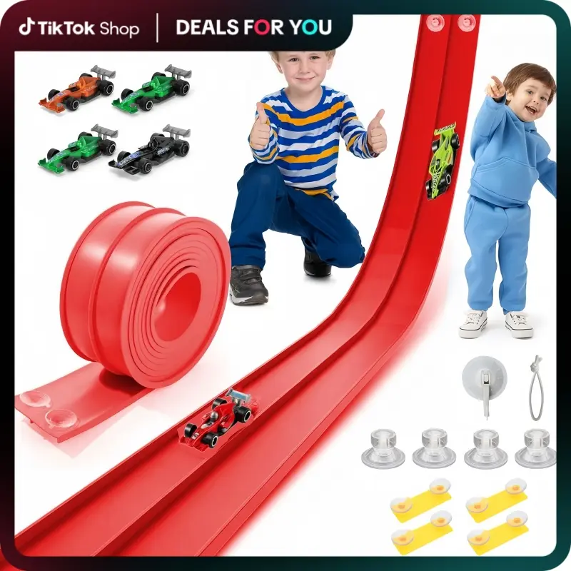 Hotfree Flex Tracks 15Ft for Kids, STEM Flexible Race Car Ramp Track with 4 Small Racecars 12 Suction Cups and 1 Hook, Compatible with Hot Wheels and Diecast 1/64 Cars, Rolls Up Portable Racetrack for Ages 3+, Birthday Christmas Gifts for Kids