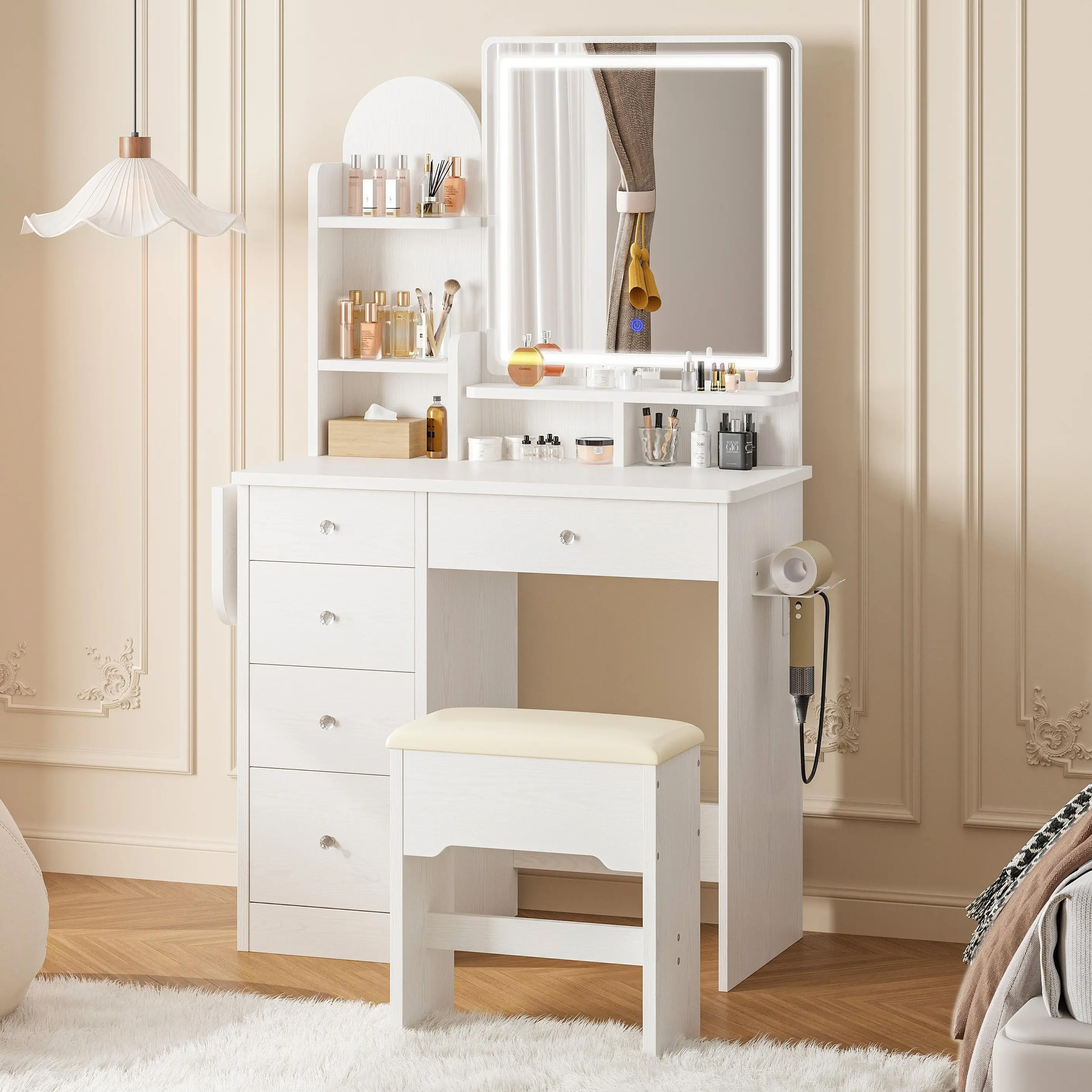 Summer Vibes LIKIMIO Vanity Desk with Mirror & LED Light, Makeup Vanity Table with 5 Drawers, Power Outlet, and Vanity Stool, 3 Lighting Colors, Dressing Table for Bedroom