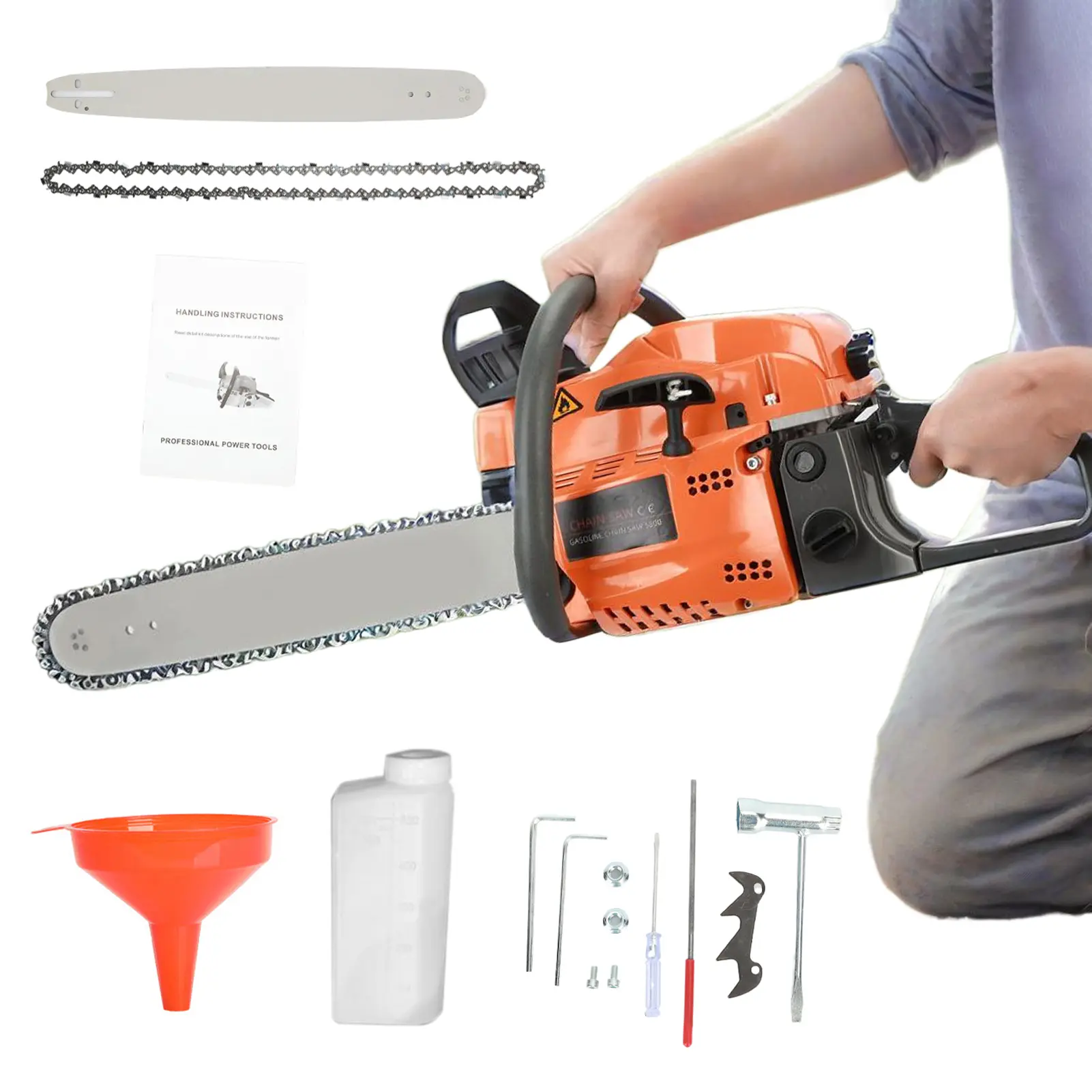 Gasoline Chainsaw, Handheld 58cc 1.98hp Power 2-Cycle Gas Powered Chainsaw Full Kit, 20in Chain Saw with English User Guide for Wood Cutting, Tree Trimming