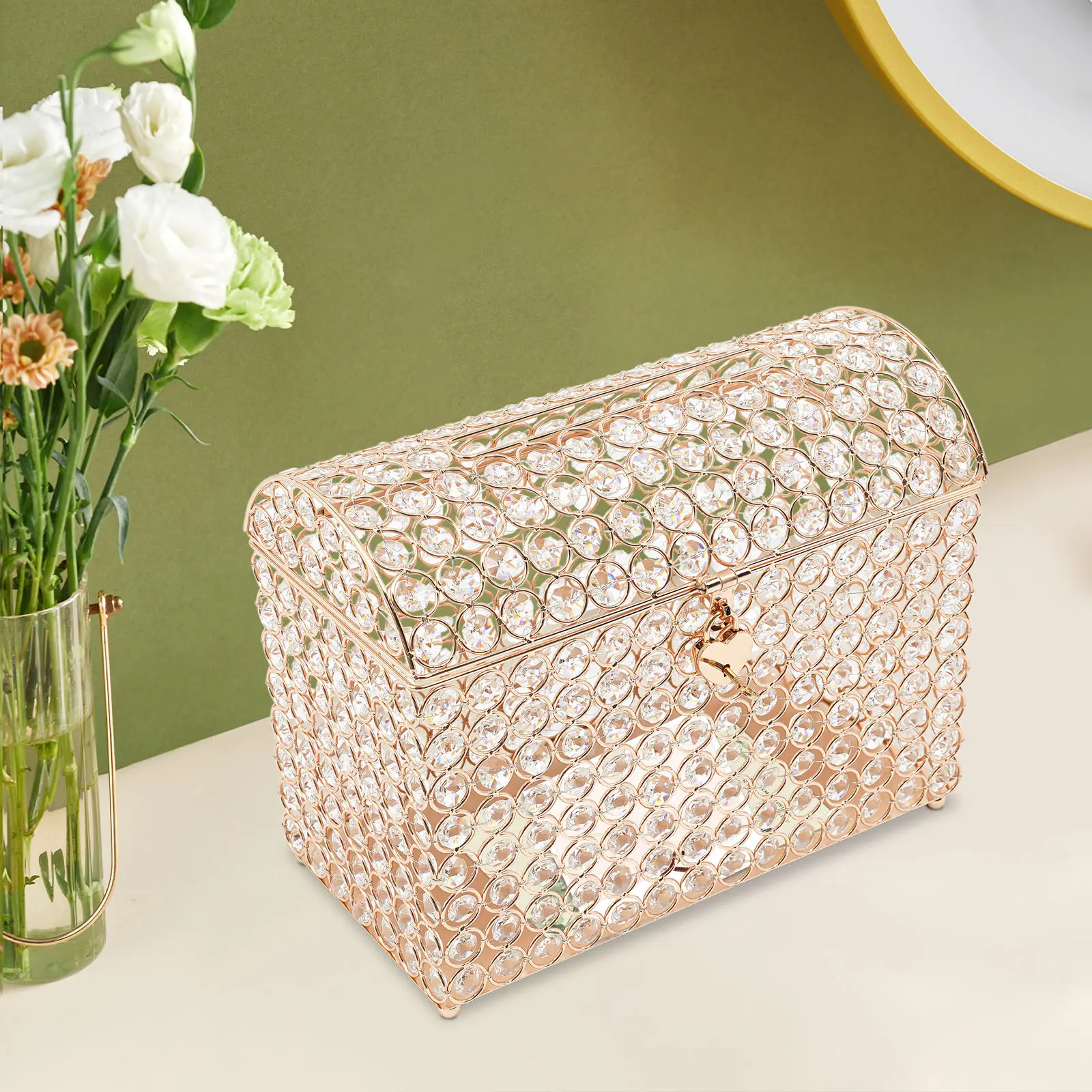 Clear Glass Wedding Card Box with Gold Frame and Lock for Invitations Cash Gifts Reception Us
