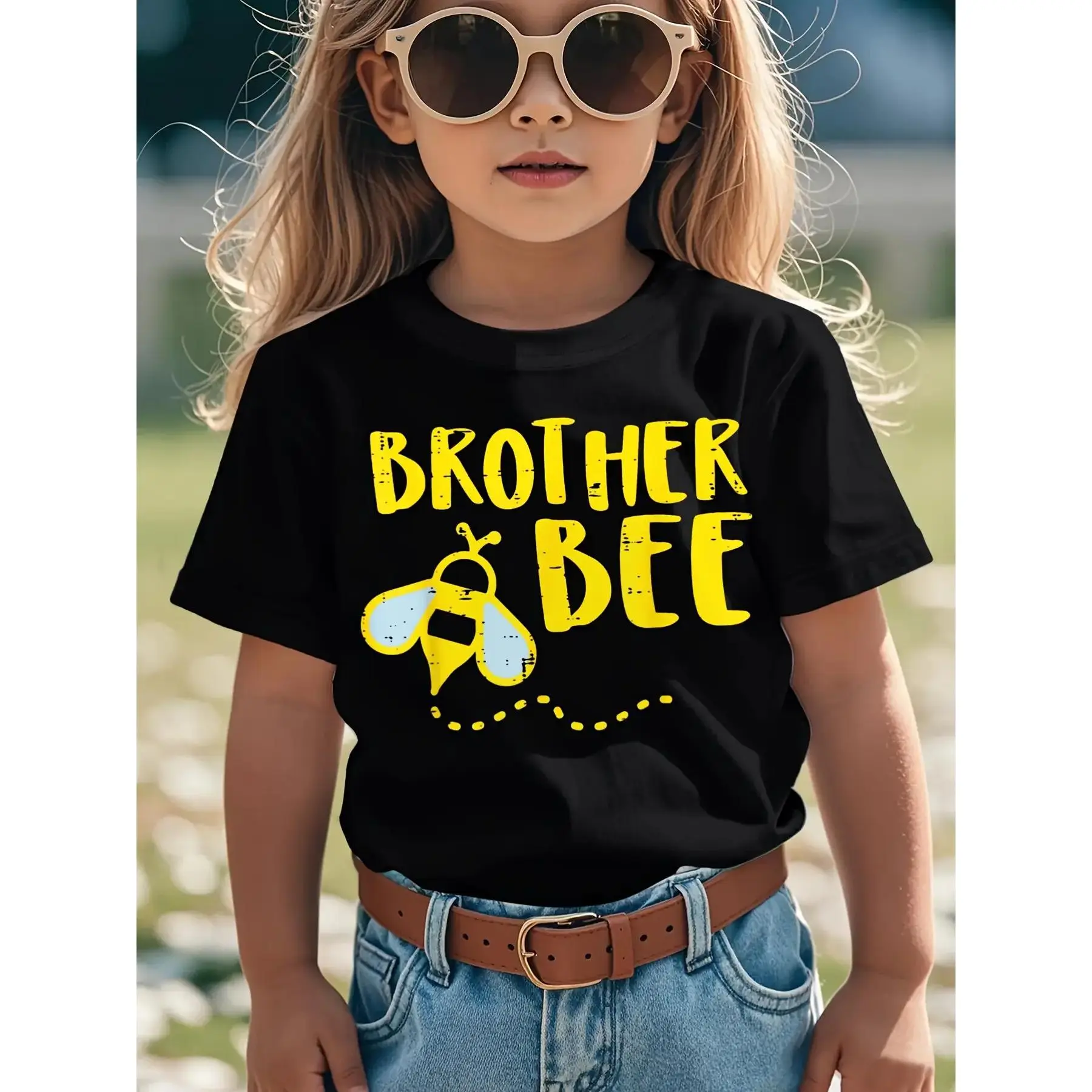 Brother Bee Family Matching Boys' Graphic T-Shirt - Funny Brother Bee Design with Bold Yellow Lettering & Cartoon Bee, Black & Yellow Casual Round Neck Tee for Toddler to Kids, All-Season Comfort, Machine Washable Sibling Apparel