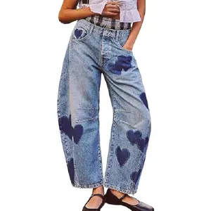 Y2k Barrel Jeans Women Wide Leg Jeans Baggy Distressed Printed Boyfriend Jeans Denim Pants