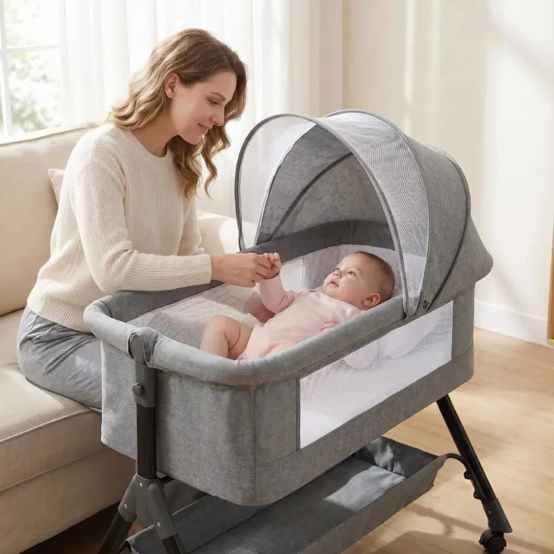 Baby Bassinet,Foldable Newborn Crib with Bedside Design – Adjustable Height Bassinet + Built-in Storage & Mosquito Net, Must-Have Baby Furniture