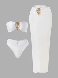 White Luxury Gold Accent Bandeau Bikini Set with High-Slit Sarong Skirt, Elegant 3-Piece Swimwear for Women Beach Vacation & Resort Wear
