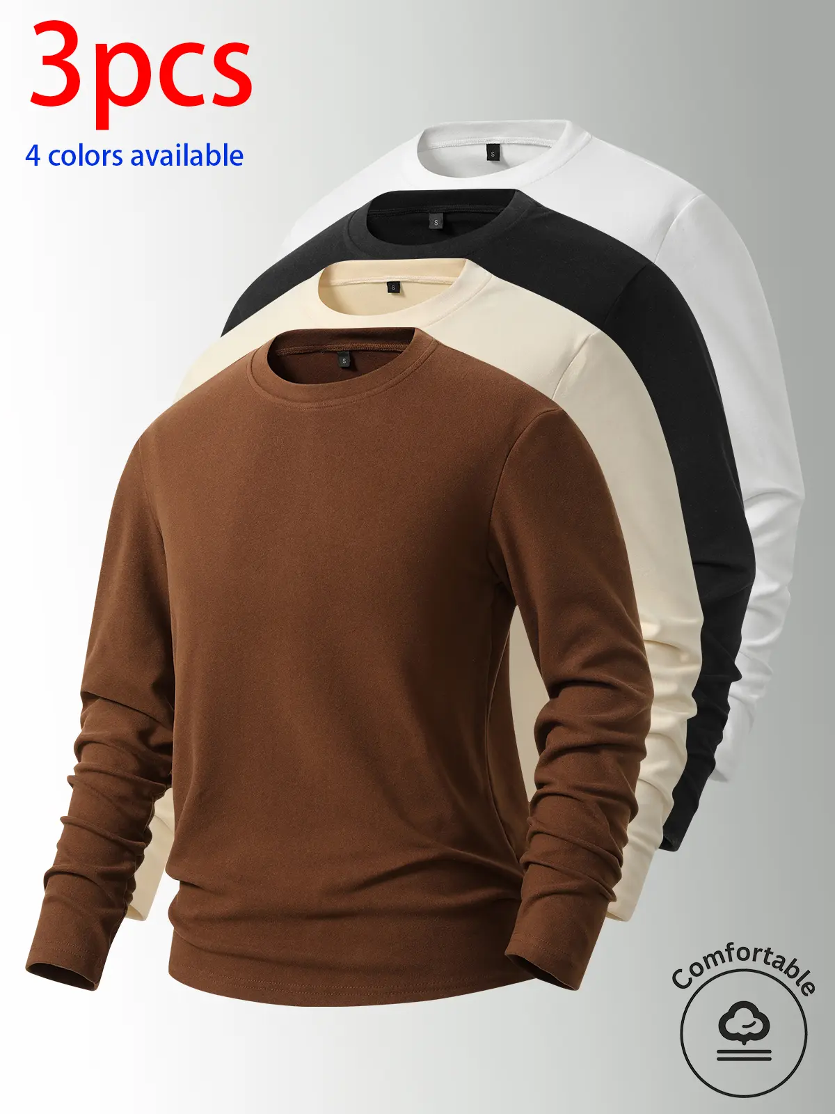 3-pack: men’s long-sleeve shirts, men’s German fleece crewneck long-sleeve T-shirts.Loose, stretchy, versatile base layer top; simple solid color for all seasons; suitable for wearing alone or layered in autumn/winter; ideal for everyday casual wear, stud