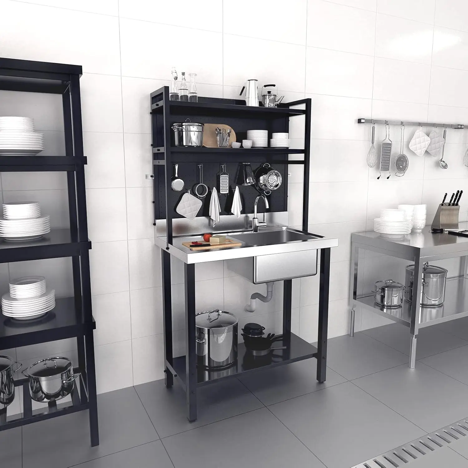 ROVSUN 67'' Commercial Sink with Drainboard and Adjustable Shelves Pegboard for Hanging Tools, 304 Stainless Steel Table Freestanding Utility Counter Restaurant, Garage Silver & Black 1