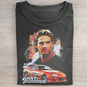 Men's Vintage Graphic Round Neck Short-Sleeve Casual T-Shirt, Iconic Fast and Furious Movie Tee Honoring Paul Walker Brian O'Conner RIP, Menswear Streetwear Top