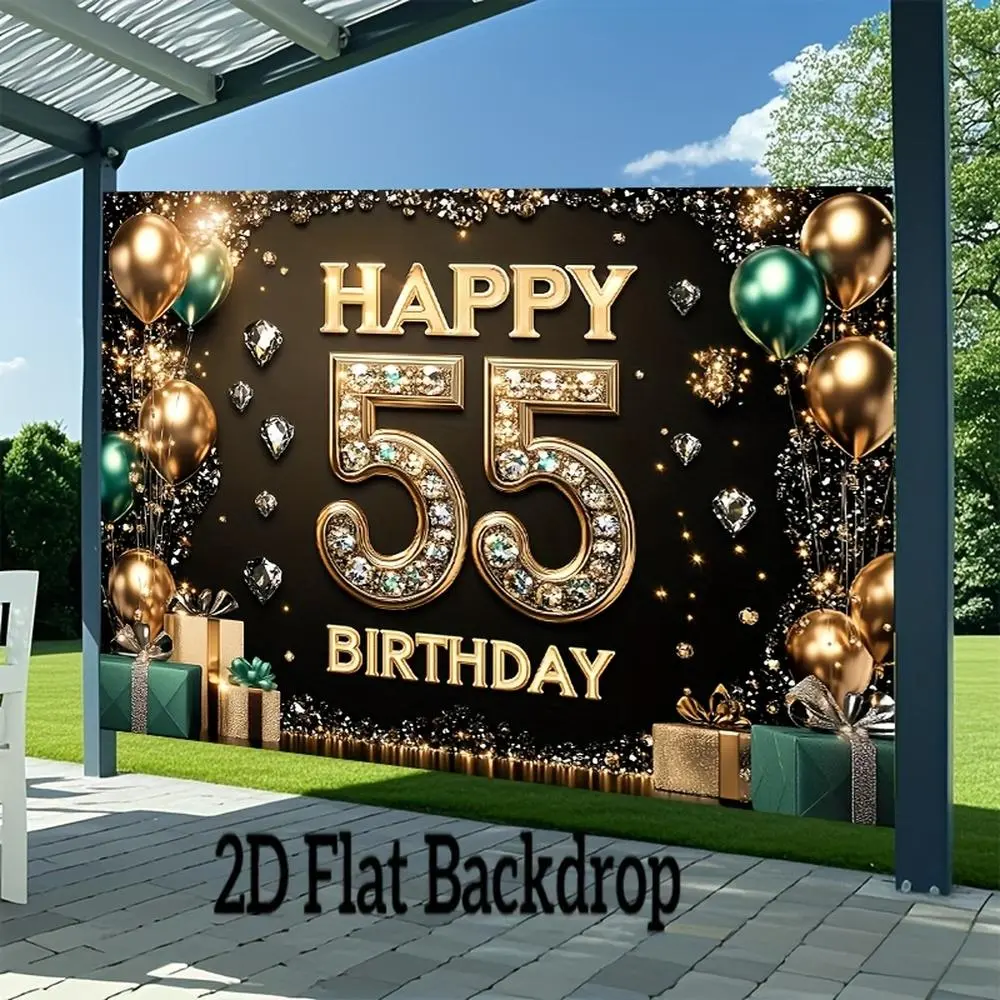 1pc 2D Flat Happy 55th Birthday Decorative Banner, Polyester Home Party Decorations, Large-Size Photographic Cloth Photo Wall Banner for Home & Outdoor Events