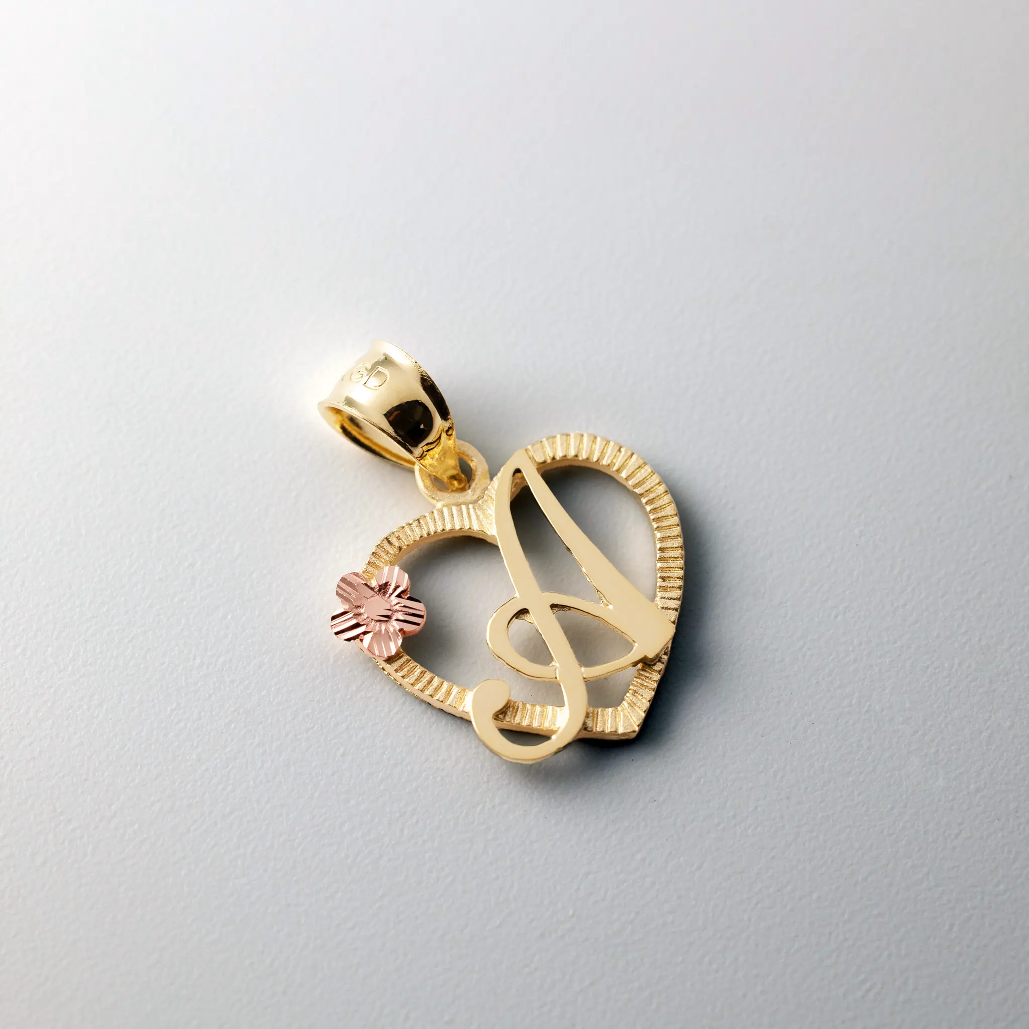14K Gold Script Letter 'A' Heart Charm with Floral Accent