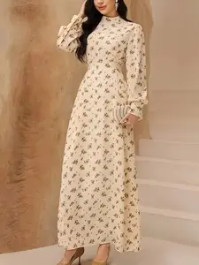 Floral Print Women's Long Sleeve Waist-Centric Woven Dress, Elegant Casual Fashion, Perfect for Spring & Fall Seasons, Womenswear