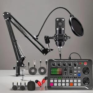podcast equipment bundle (1 set), usb rechargeable podcast microphone bundle with voice changer, condenser microphone recording studio package, podcast equipment, live audio mixer, preamp, adjustable