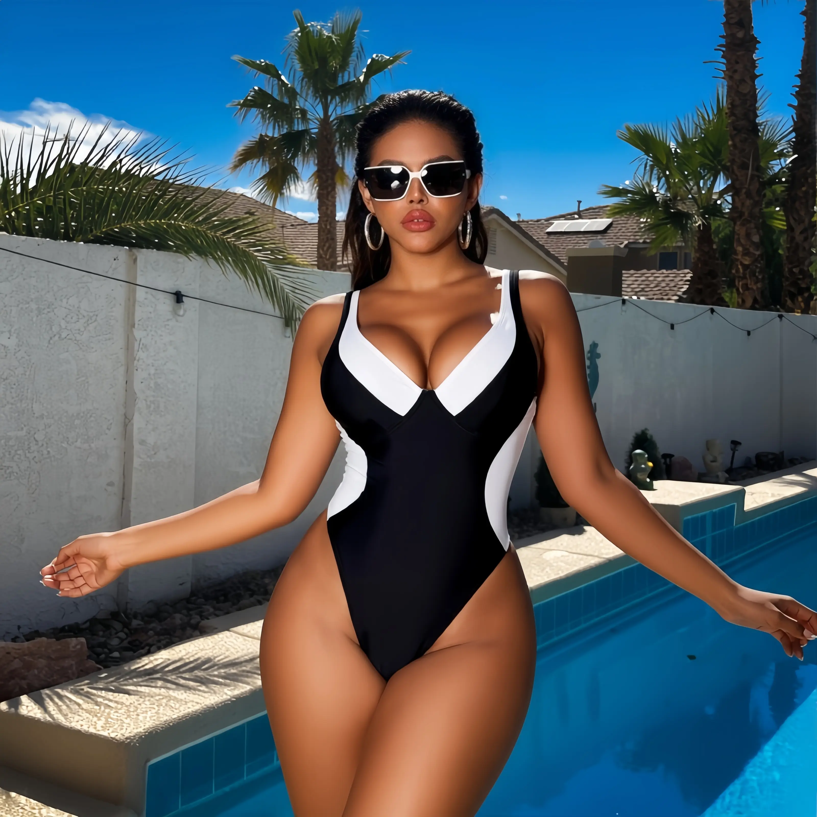 Contrast Color Deep V One Piece Swimsuit, High Cut Tummy Control Bathing Suit for Women S/M/L/XL Summer Beach Essentials