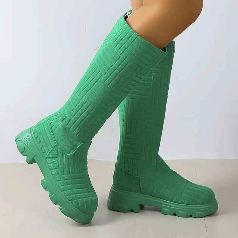 Women's Slip-On Low Heel Knee-High Motorcycle Boots - Solid Pink Warm Fabric, Round Toe, Casual PU Sole Footwear, Low Heels